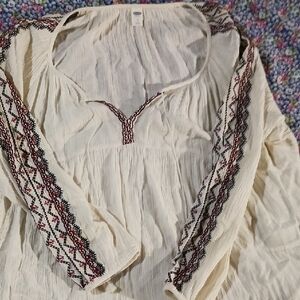 Old Navy Cream Blouse with Black and Red Embroidery